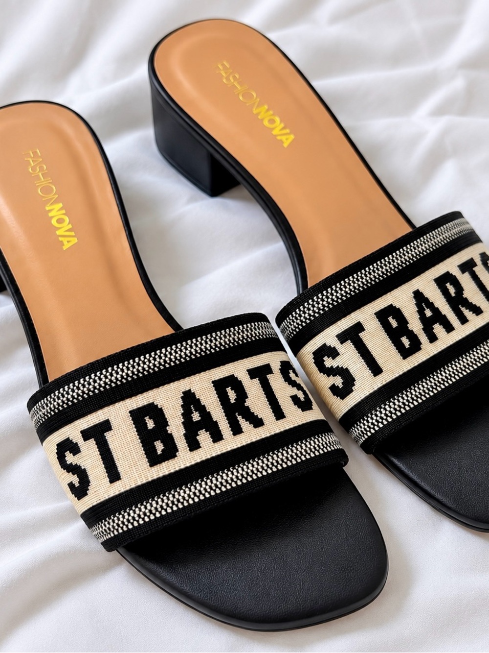 Fashion Nova Black and Cream Woven St. Barts Slide Mules